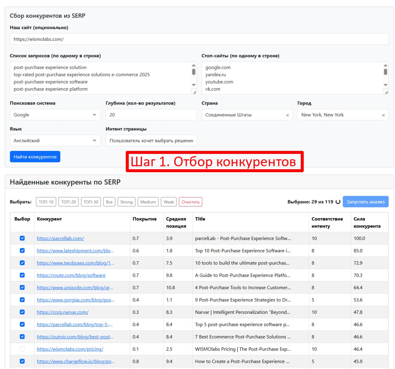 Нейроанализатор релевантности: автоматический отбор конкурентов по интенту + список сущной...