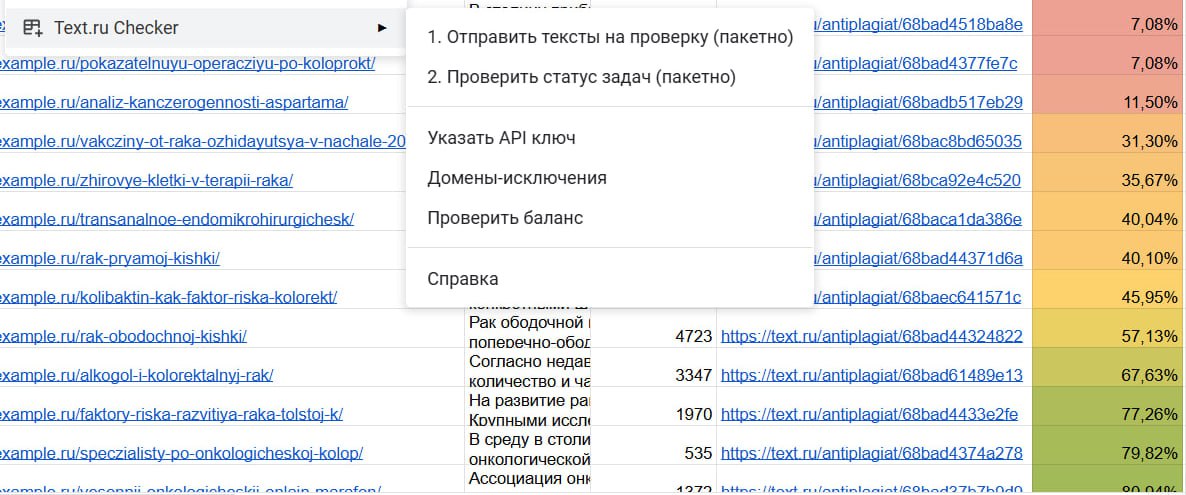 🔠🔠🔠🔠🔠 Text.ru Checker - пакетная проверка уникальности текстов в Google Таблицах Расширени...
